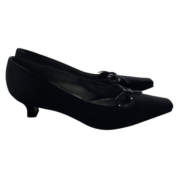 Vintage Stuart Weitzman Kitten Heels Size 6.5 Black Rhinestone Bows Shoes Pumps - Picture 4 of 8